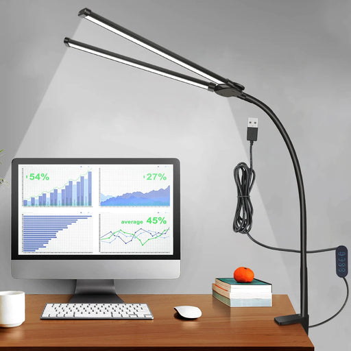 Double-head LED desk lamp with flexible gooseneck, button control, and adjustable color temperature for modern home and office lighting