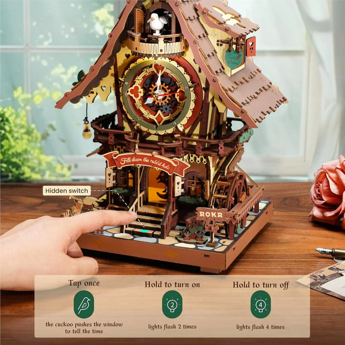 Wooden Cuckoo Clock 3D Puzzle – Light-Up Fairy Treehouse with Moving Bird & LED Lights - Samanta Factory