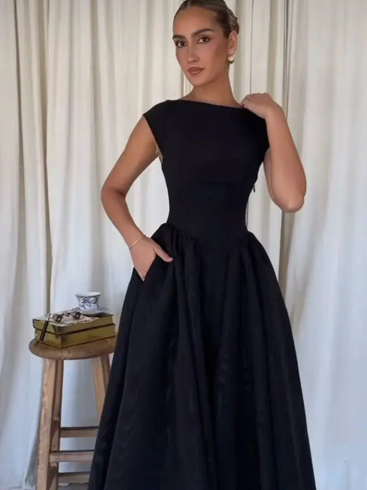 A-line Strap Long Dress – Square Neck & Backless Design - Samanta Factory