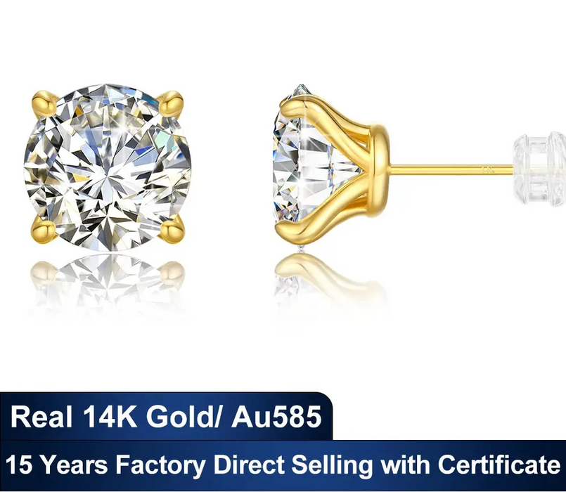 14K Gold Moissanite Stud Earrings – 0.5CT–3CT VVS1 Round Cut AU585 Certified SF