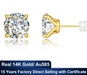14K Gold Moissanite Stud Earrings – 0.5CT–3CT VVS1 Round Cut AU585 Certified SF