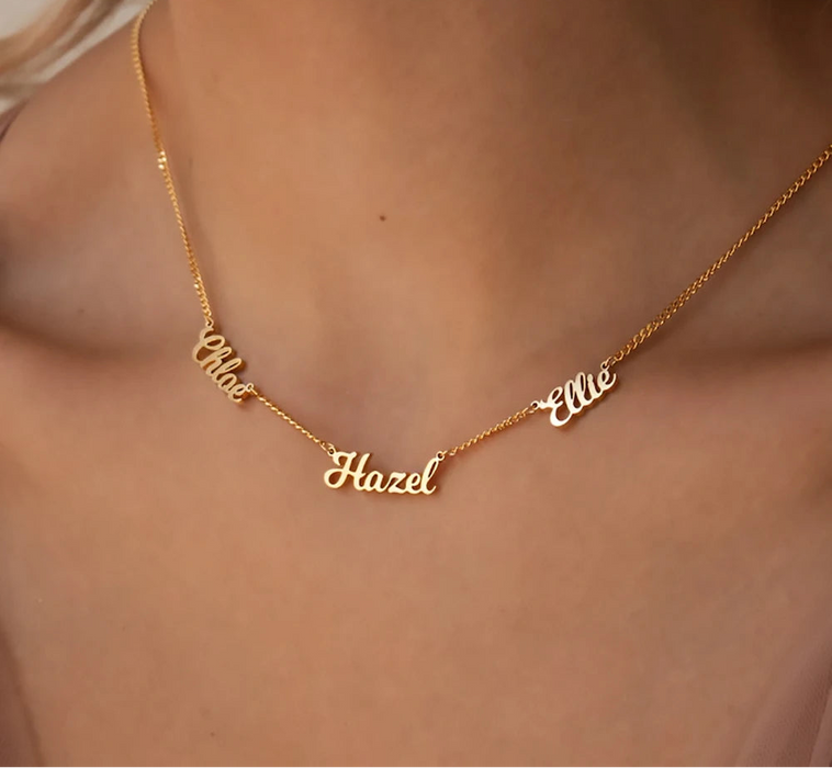 Personalized multi name stainless steel necklace in gold, silver, and rose gold for women