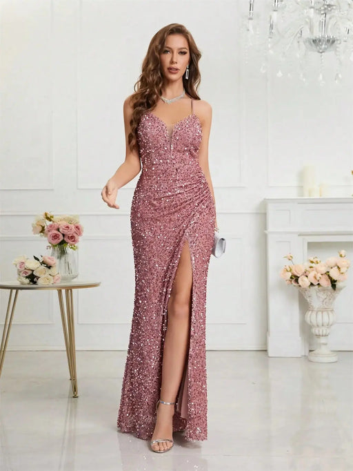 Elegant women’s formal gown in various styles including off-shoulder, mermaid hem, and long sleeve