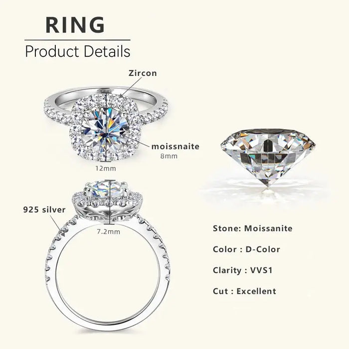 Moissanite Engagement Ring – 2ct D-Color VVS1 in 925 Sterling Silver SF