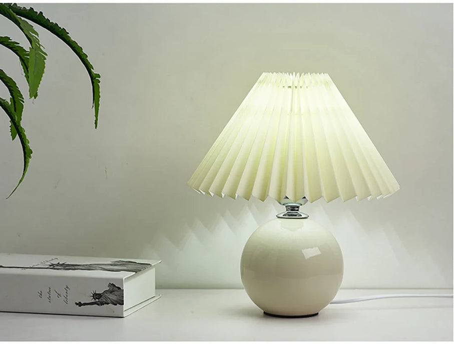 Korean Table Lamp – Vintage Pleated Fabric Shade with Ceramic Base - Samanta Factory