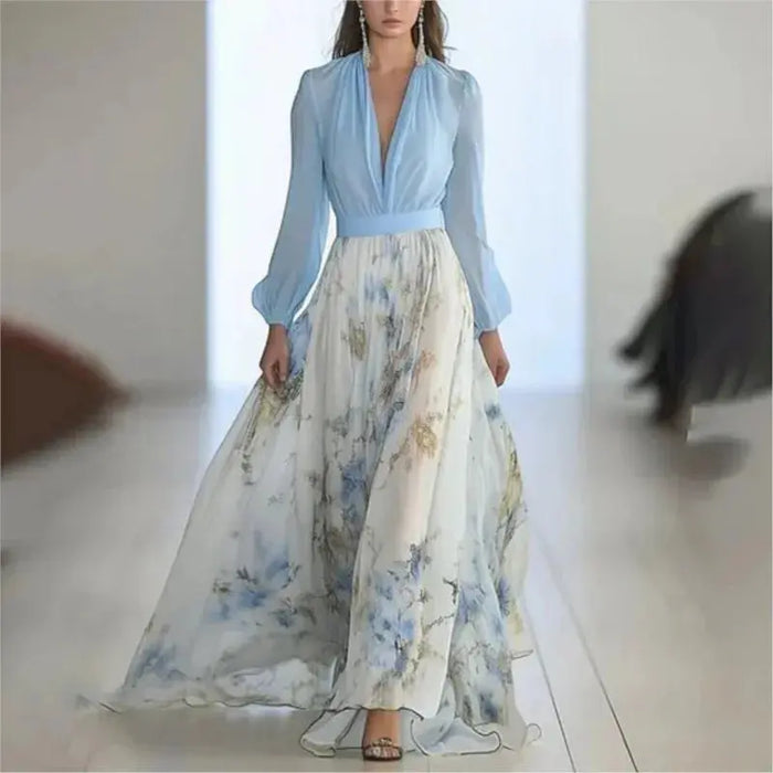 Printed ankle-length summer dress with puff sleeves and lace-up v-neck for women