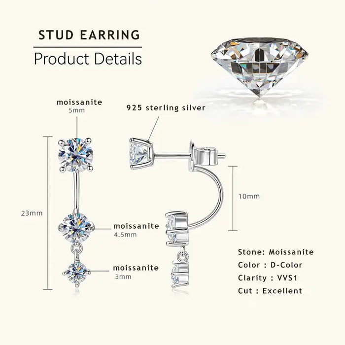 Moissanite Stud Earrings – D-Color VVS1 2-in-1 Sterling Silver SF