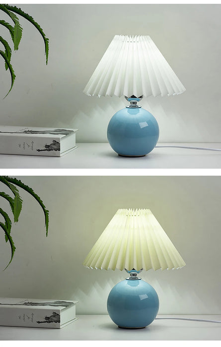 Korean Table Lamp – Vintage Pleated Fabric Shade with Ceramic Base - Samanta Factory