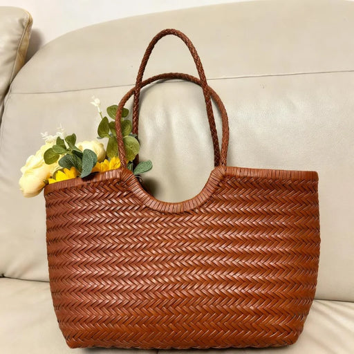 Hand-woven genuine leather French style vegetable basket bucket tote bag for women with interior zipper pocket polyester lining open top shoulder underarm carry in three styles and sizes