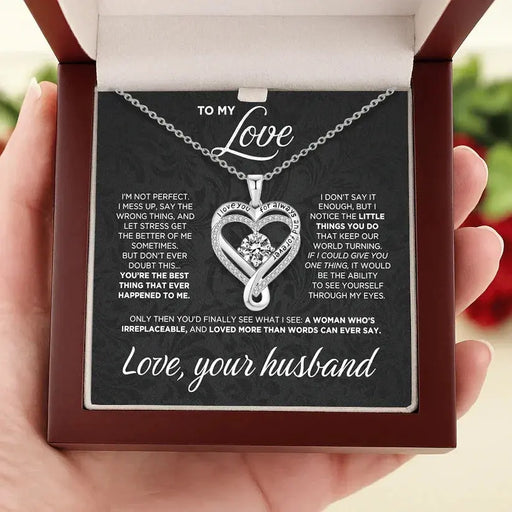 Double-layered silver and gold heart necklace with wine-red wooden gift box