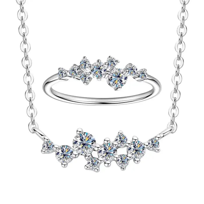 Moissanite Jewelry Set – 925 Sterling Silver Cluster Necklace & Ring SF