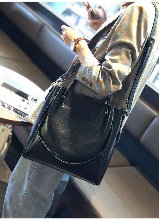 Vintage Cow Leather Shoulder Tote – Women’s Ruched Handbag SF