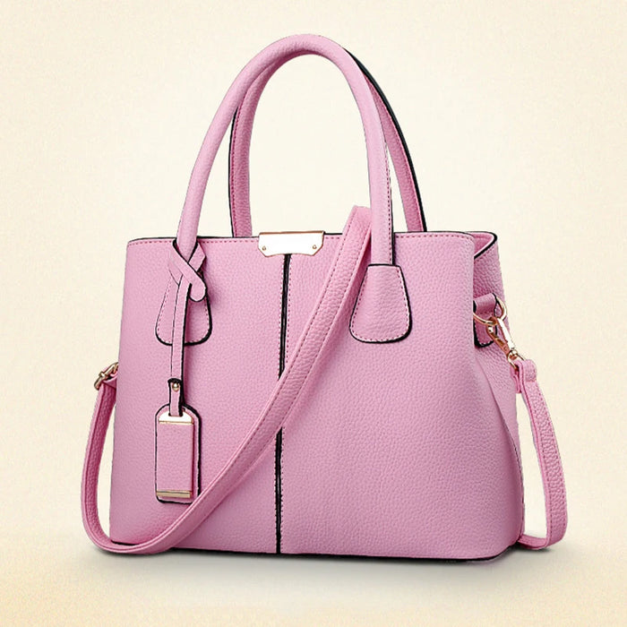  Fashion Satchel PU Leather Bag with solid design, featuring spacious interior with cell phone and zipper pockets.