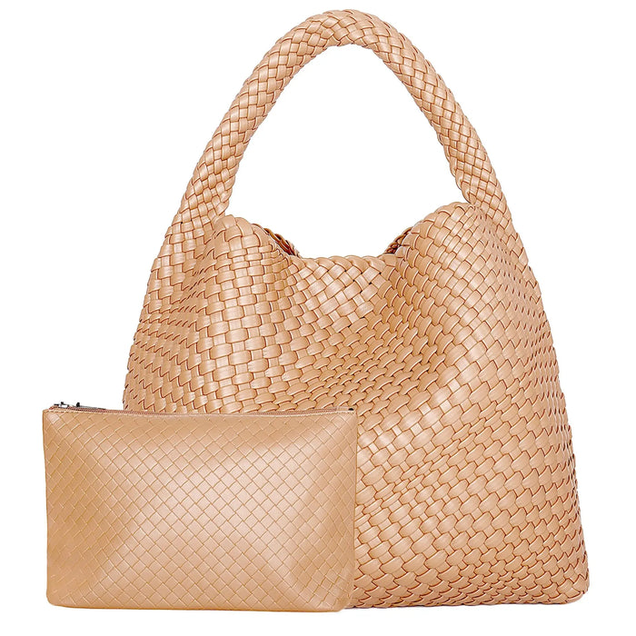 Women’s Woven PU Leather Tote Bag – Soft Handcrafted Shoulder Bag SF