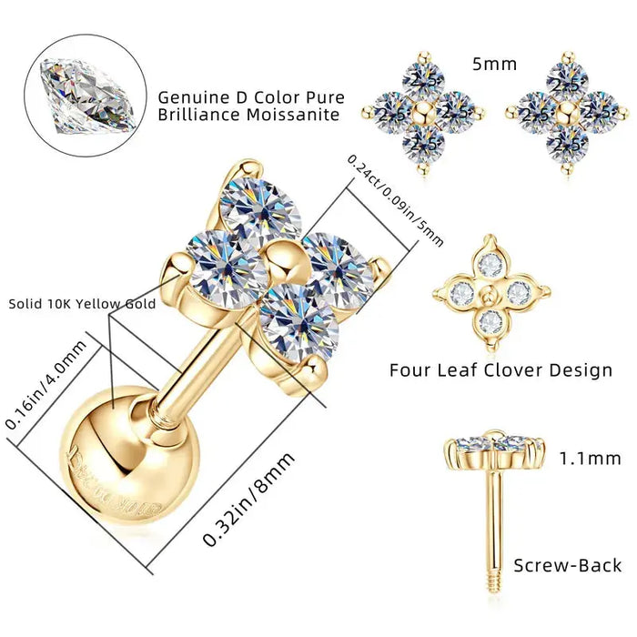 Moissanite Stud Earrings – 10k Gold Four-Leaf Clover Design SF