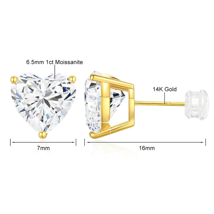 14K Gold Heart-Shaped Moissanite Stud Earrings – 1CT–3CT VVS1 AU585 Certified SF