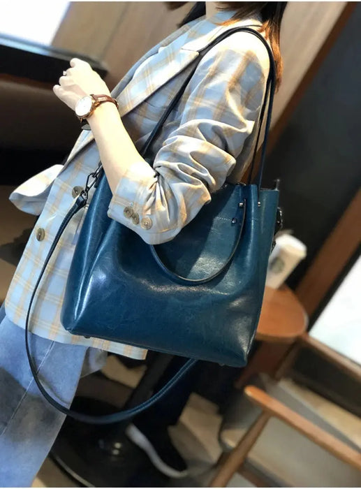 Vintage Cow Leather Shoulder Tote – Women’s Ruched Handbag SF