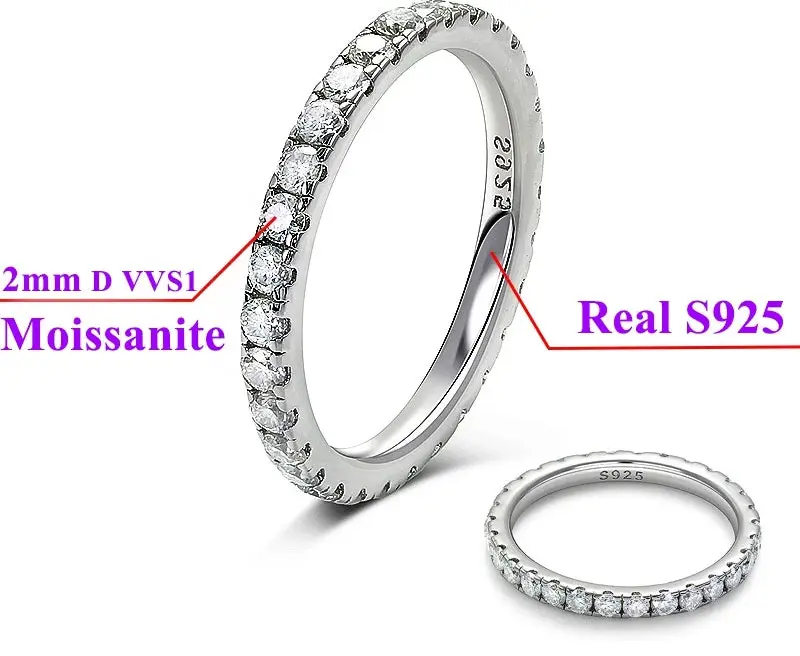 Moissanite Eternity Ring – 2mm D VVS Sterling Silver SF