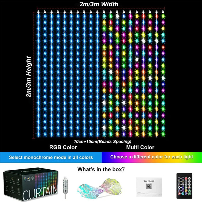 Smart LED Curtain Lights – APP Controlled RGB Fairy String for Christmas Decor - Samanta Factory