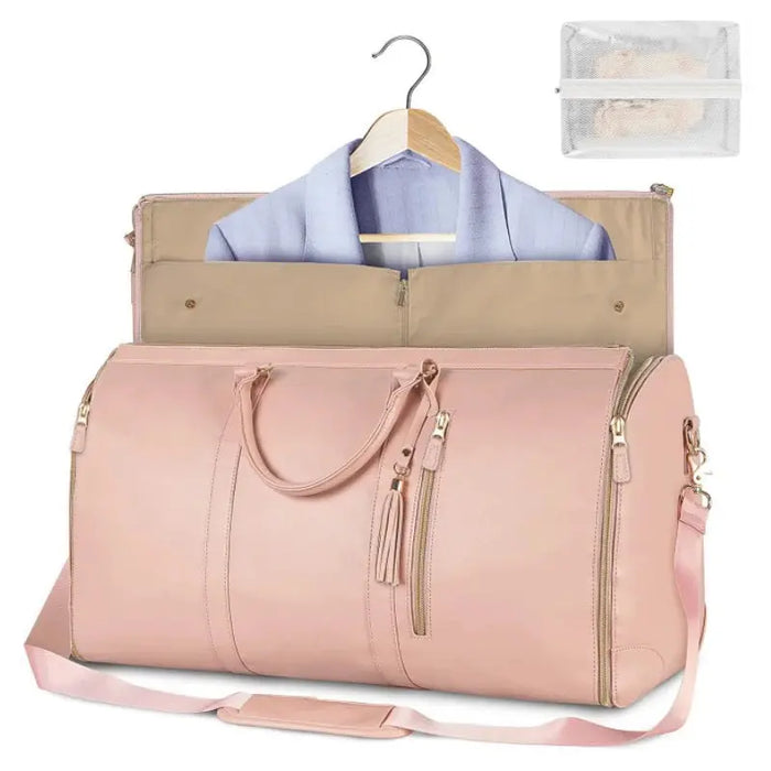 Foldable PU leather women's travel bag, large capacity business carry-on, collapsed view.