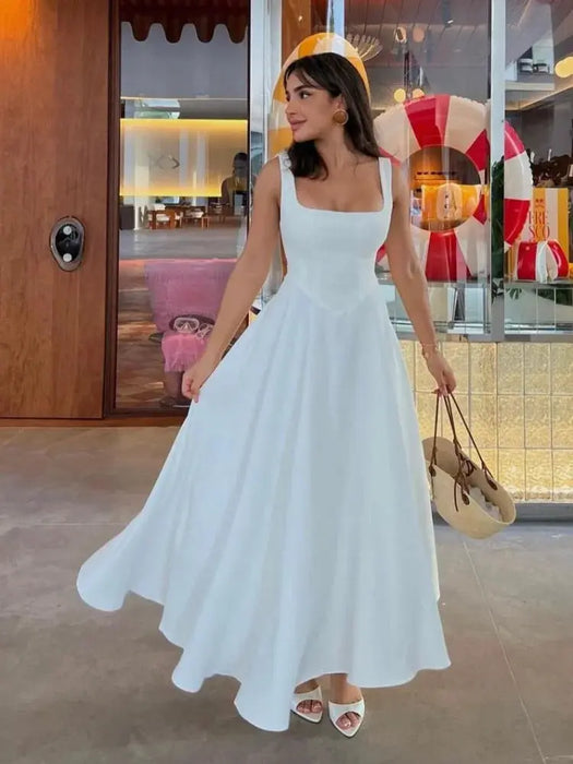 A-line Strap Long Dress – Square Neck & Backless Design - Samanta Factory