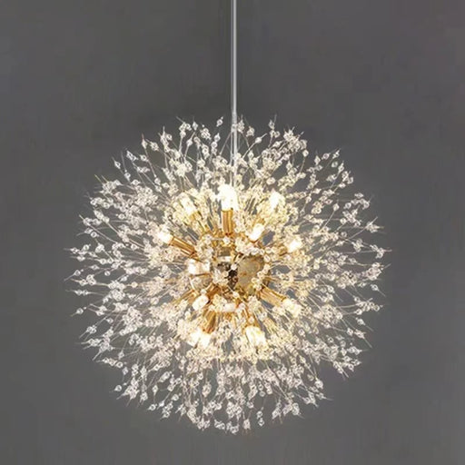 Modern crystal dandelion starburst pendant light with chrome finish and acrylic bead stems for dining room and restaurant ceiling lighting