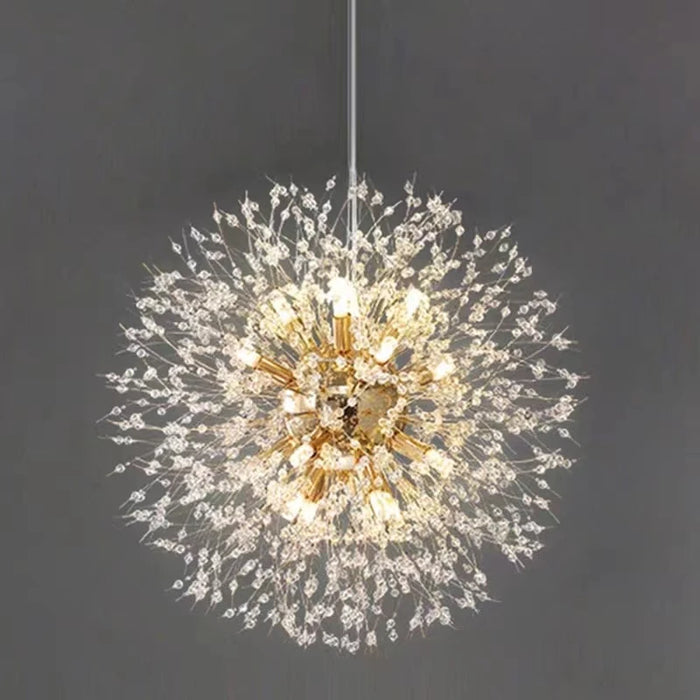 Modern crystal dandelion starburst pendant light with chrome finish and acrylic bead stems for dining room and restaurant ceiling lighting