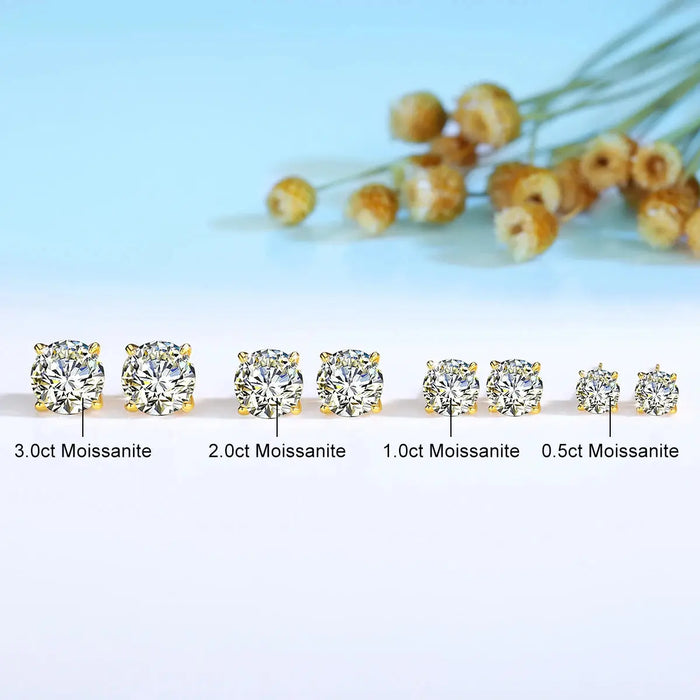 14K Gold Moissanite Stud Earrings – 0.5CT–3CT VVS1 Round Cut AU585 Certified SF