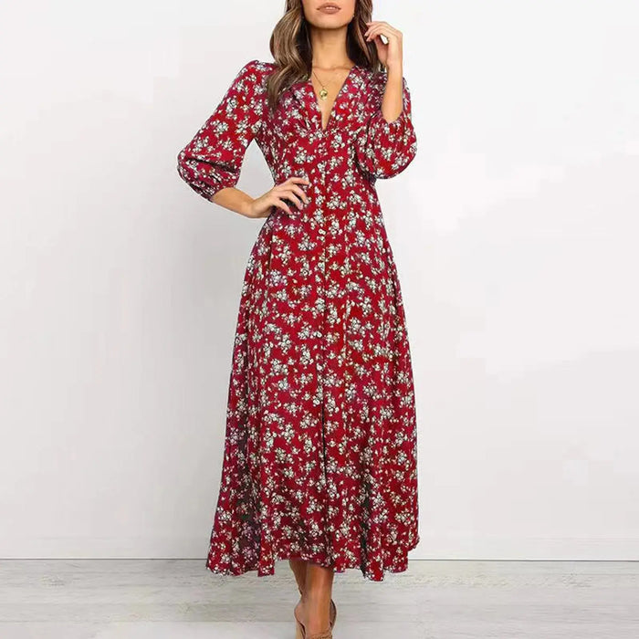 Women’s V-Neck Floral Maxi Dress – High-Waist Slit for Effortless Boho Chic - Samanta Factory