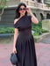 Front view of pleated patchwork maxi dress