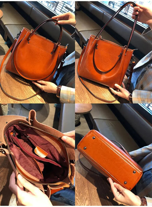 Vintage Cow Leather Shoulder Tote – Women’s Ruched Handbag SF