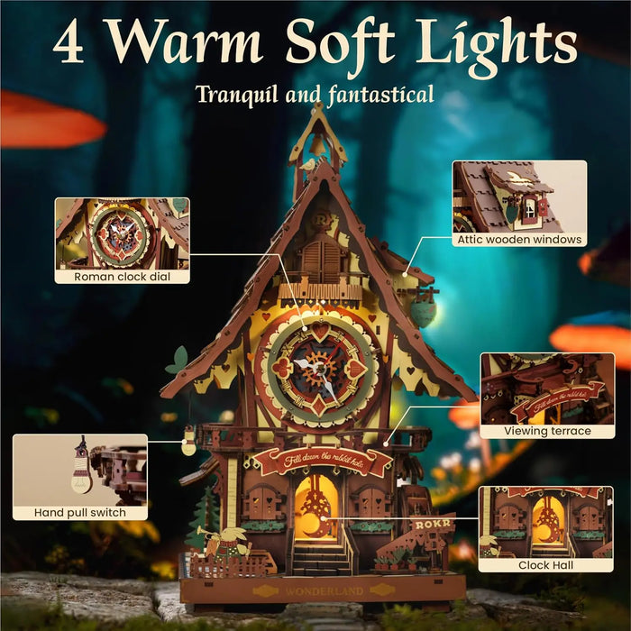 Wooden Cuckoo Clock 3D Puzzle – Light-Up Fairy Treehouse with Moving Bird & LED Lights - Samanta Factory