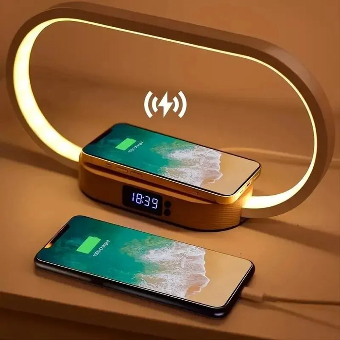 Modern LED bedside table lamp with 5-color light, USB and wireless charging, digital clock display, and touch control – perfect for home or bedroom use.

