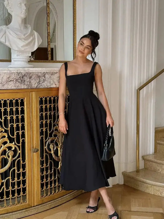 A-line Strap Long Dress – Square Neck & Backless Design - Samanta Factory