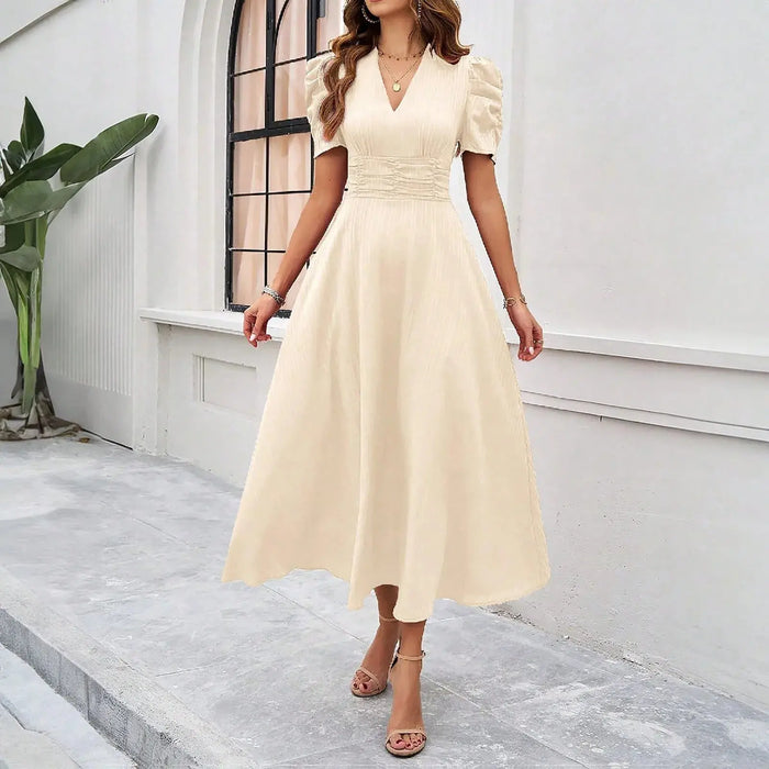 Junior Y2K Midi Dress – Puff Sleeves & Slim A-Line Silhouette - Samanta Factory