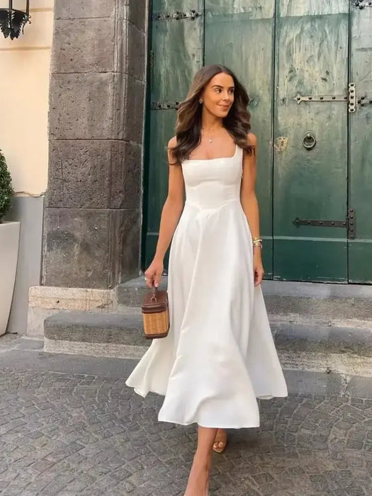 A-line Strap Long Dress – Square Neck & Backless Design - Samanta Factory