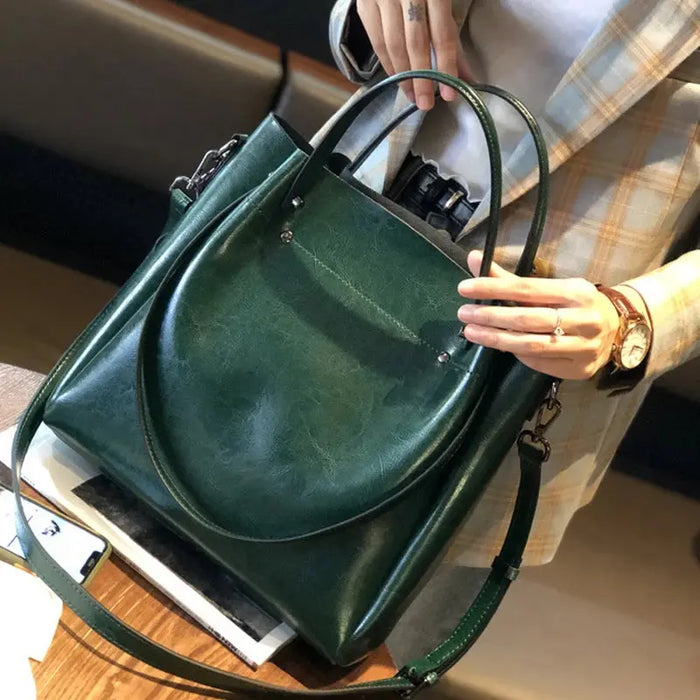 Vintage Cow Leather Shoulder Tote – Women’s Ruched Handbag SF