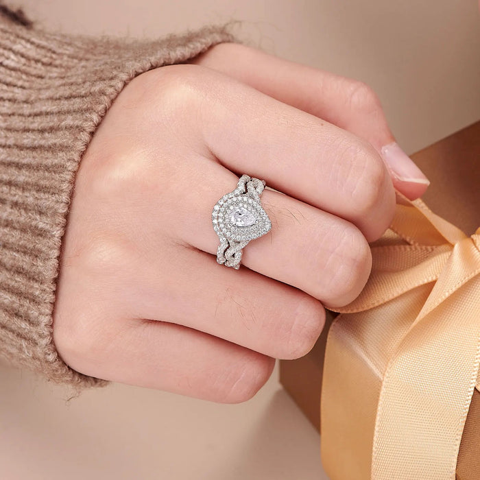 Sterling Silver Bridal Ring Set – Pear Cut Zircon Elegance SF
