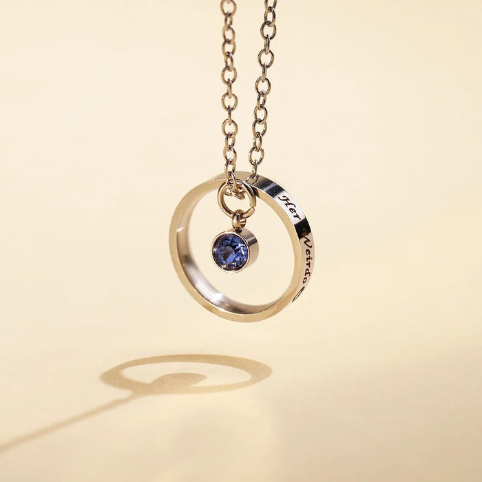 Personalized stainless steel circle name necklace with engraved text and birthstone pendant for women