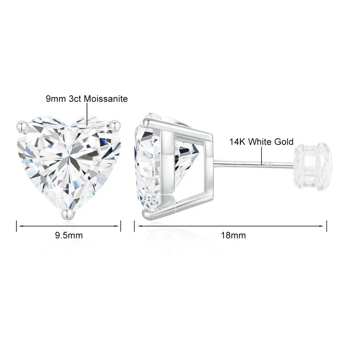 14K Gold Heart-Shaped Moissanite Stud Earrings – 1CT–3CT VVS1 AU585 Certified SF