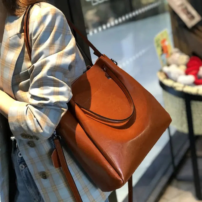 Vintage Cow Leather Shoulder Tote – Women’s Ruched Handbag SF