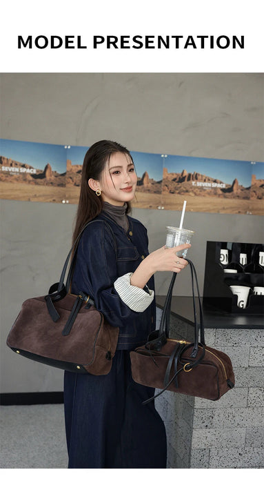 Women's Genuine Cowhide Leather Tote Bag – Large Capacity Suede Velvet Shoulder Handbag SF