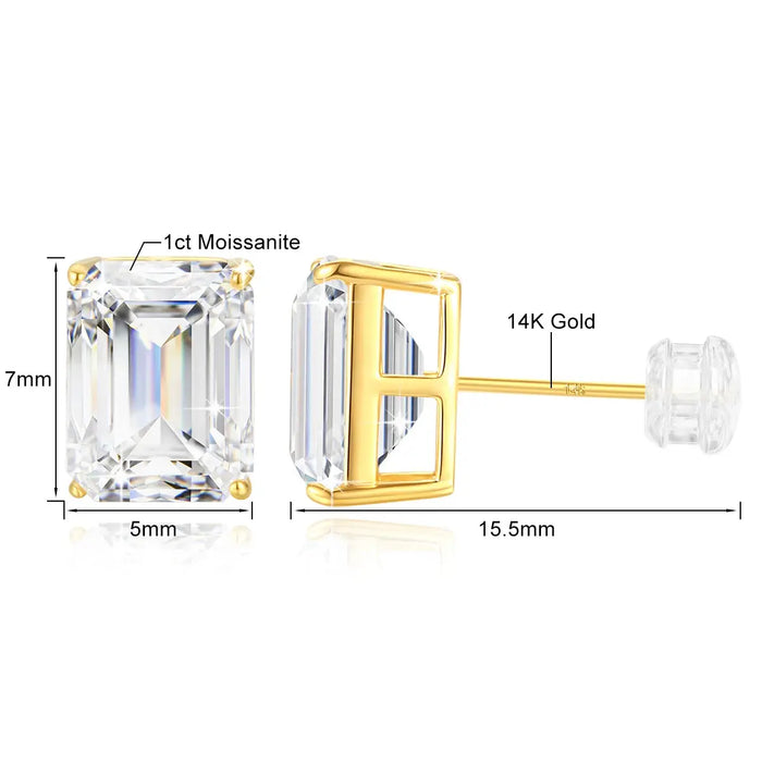 14K Gold Emerald Cut Moissanite Stud Earrings – AU585 Certified SF