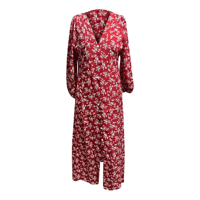 Women’s V-Neck Floral Maxi Dress – High-Waist Slit for Effortless Boho Chic - Samanta Factory