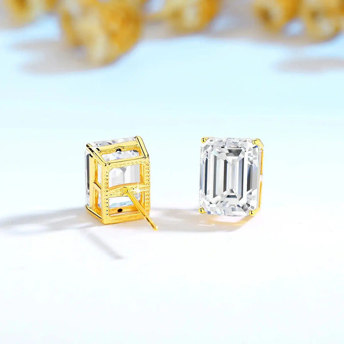 14K Gold Emerald Cut Moissanite Stud Earrings – AU585 Certified SF