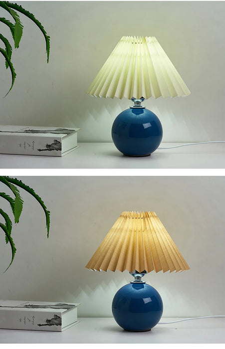 Korean Table Lamp – Vintage Pleated Fabric Shade with Ceramic Base - Samanta Factory