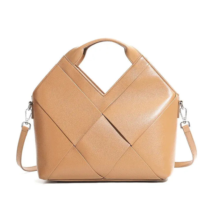 Soft cow leather women's shoulder bag satchel with hasp closure, cotton lining, phone pocket—versatile four-season fashion crossbody, side view on white background