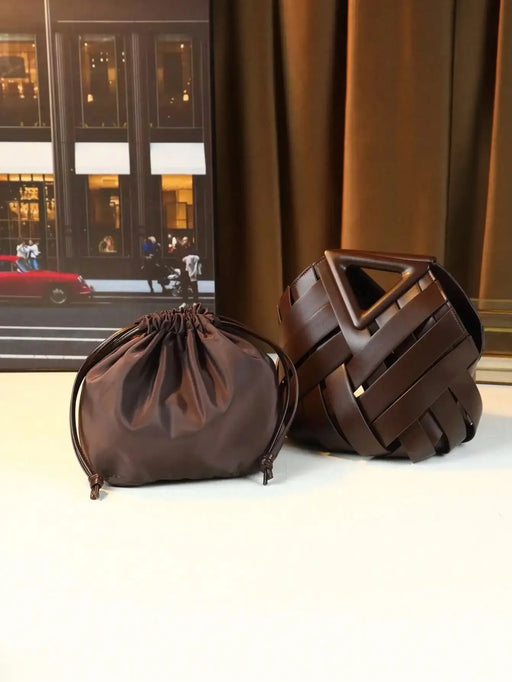 Small PU leather women's bucket bag with drwstring, geometric pattern, coffee color.
