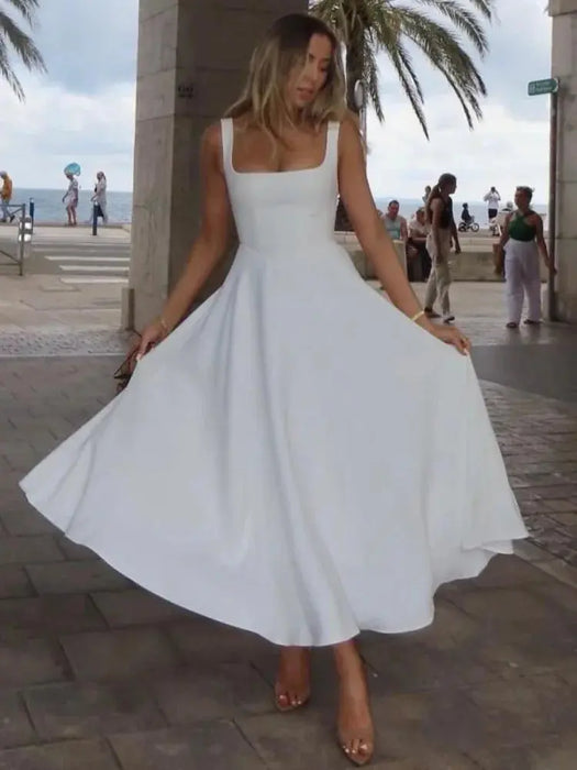 A-line Strap Long Dress – Square Neck & Backless Design - Samanta Factory