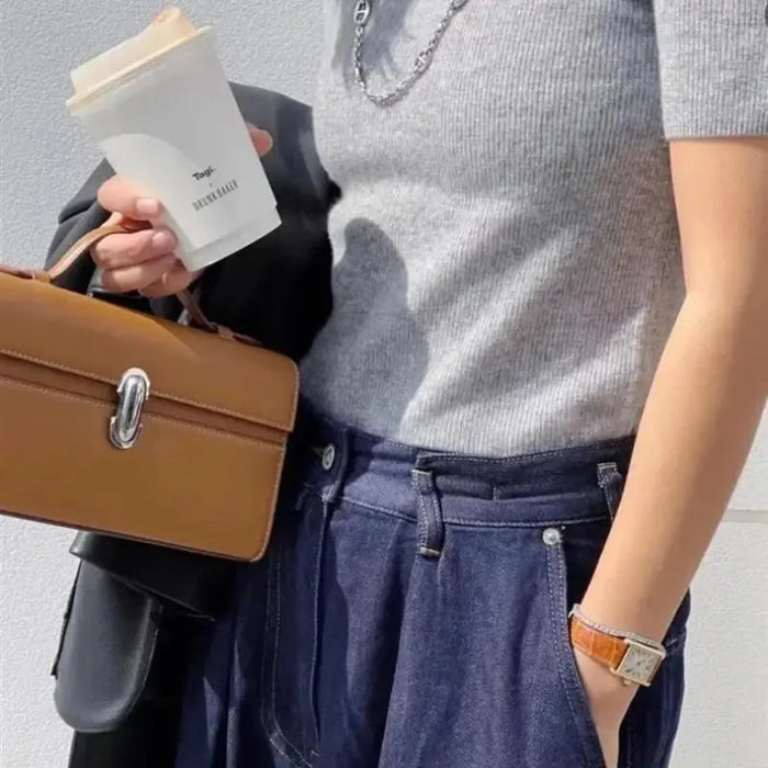 Women’s Leather Baguette Handbag – Minimalist Day Clutch SF